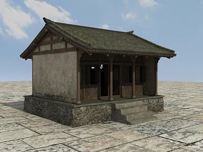 Traditional Chinese Hut With Tile Roof Wooden Structure Stone Base And Steps 3d model