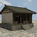 Traditional Chinese Hut With Tile Roof Wooden Structure Stone Base And Steps
