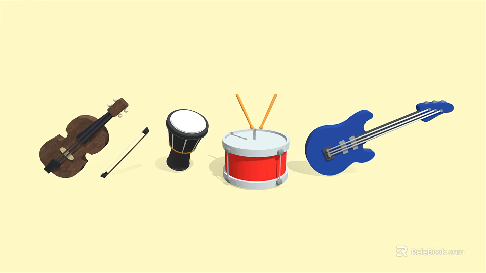 Assorted Musical Instruments Collection with Violin Red Drum Blue Guitar and Drumsticks 3d model 
