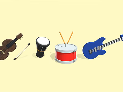 Assorted Musical Instruments Collection with Violin Red Drum Blue Guitar and Drumsticks 3d model