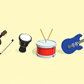 Assorted Musical Instruments Collection with Violin Red Drum Blue Guitar and Drumsticks