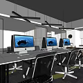 Public Office Area Featuring Long Tables Multiple Computers Ergonomic Chairs And Hanging Lights 3d model