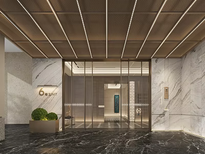 Modern Elevator Hallway With Marble Walls Dark Marble Floor Linear Lights And Greenery 3d model