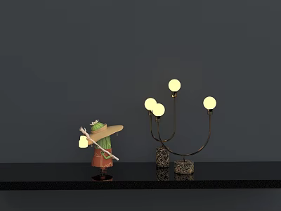 Contemporary Table Lamp With Metal Arm Globe Lights And Decorative Figurine On Black Shelf 3d model