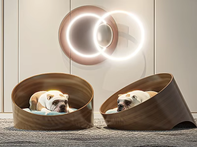 Two Bulldogs Resting In Wooden Oval Pet Beds With Background Ring Lights And Circular Decorations 3d model