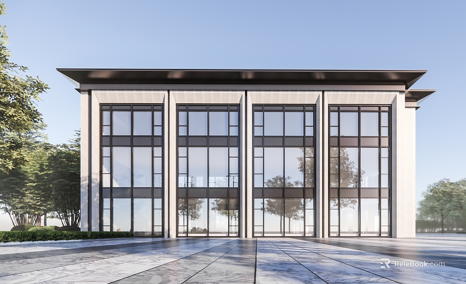 Modern Sales Office Building With Large Glass Walls Gray Roof White Walls And Front Square 3d model 