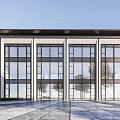 Modern Sales Office Building With Large Glass Walls Gray Roof White Walls And Front Square