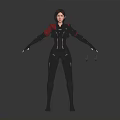 Female Character In Black Bodysuit With Red Shoulders Standing Against Black Background With Small Objects