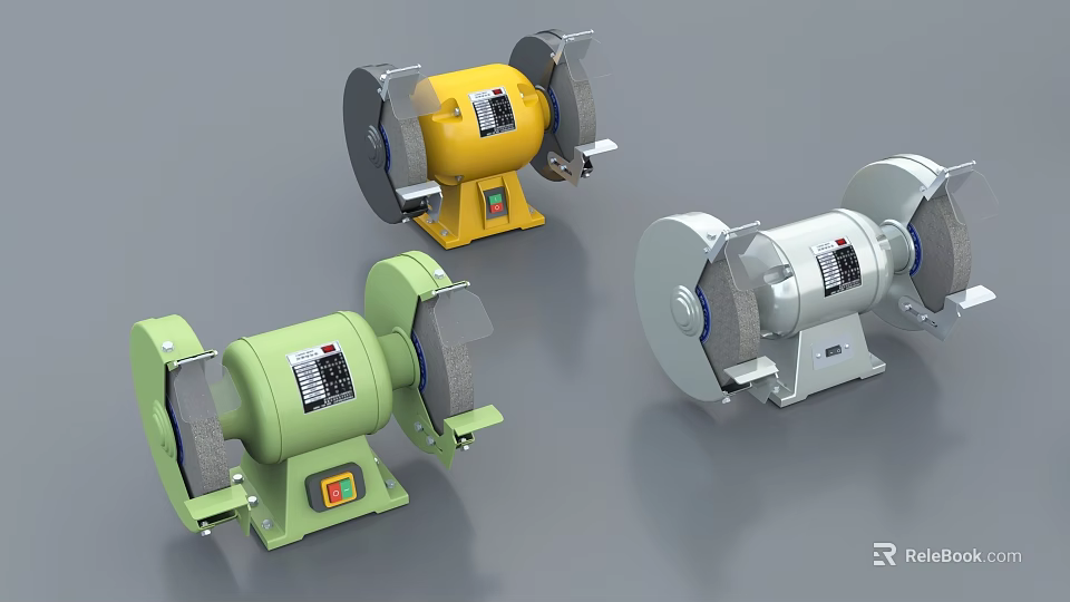 Industrial Bench Grinder Equipment Three Colored Yellow Green And Silver With Grinding Wheels 3d model 