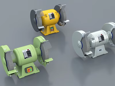 Industrial Bench Grinder Equipment Three Colored Yellow Green And Silver With Grinding Wheels 3d model