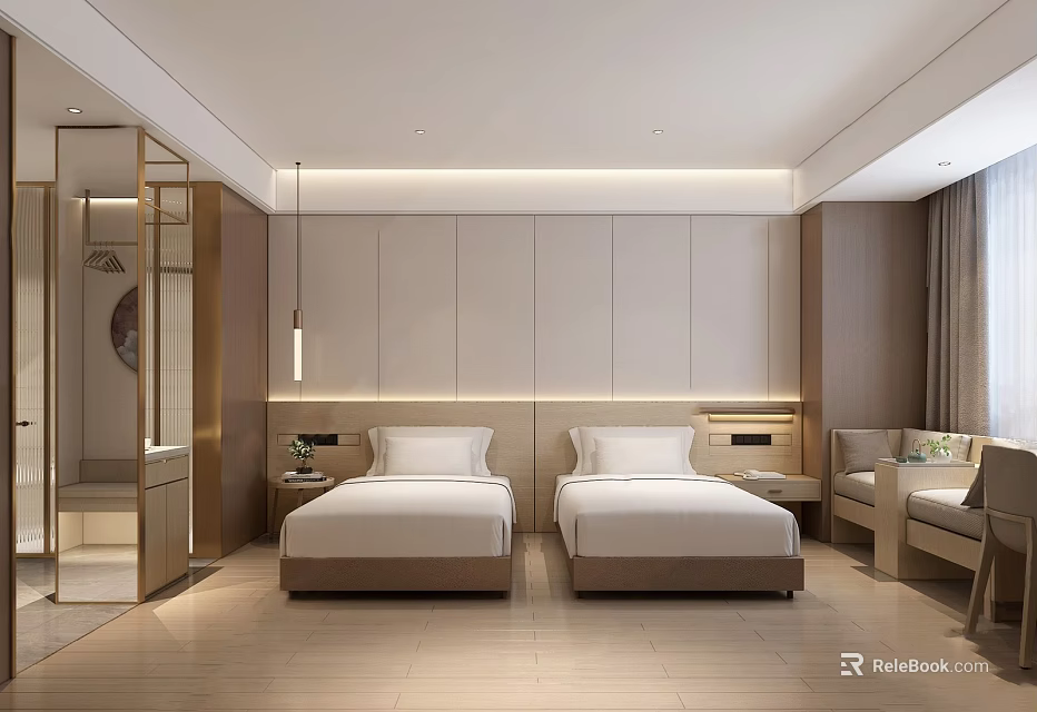 Modern Hotel Room Interior With Twin Beds Upholstered Headboards Wooden Nightstands And Warm Ambient Lighting 3d model 