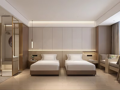 Modern Hotel Room Interior With Twin Beds Upholstered Headboards Wooden Nightstands And Warm Ambient Lighting 3d model