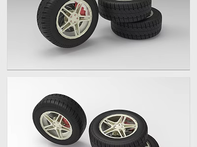 Black Car Tires With Silver Spoke Rims Red Brake Calipers Single And Stacked Design 3d model