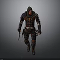 Hooded Warrior Figure With Red Face Markings Intricate Armor And Dual Daggers