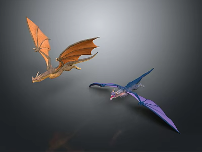 Colorful Flying Dragons With Orange And Purple Wings In 3D Render 3d model