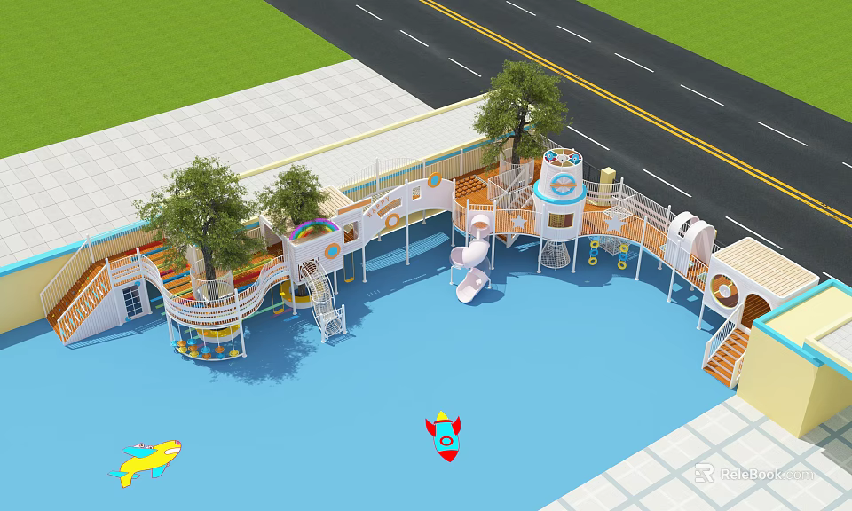 Kindergarten Outdoor Playground With Colorful Play Structures Trees Blue Floor And Safe Kids Activity Area 3d model 