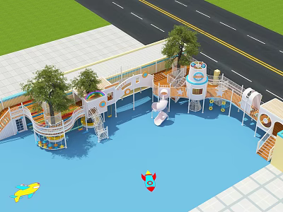 Kindergarten Outdoor Playground With Colorful Play Structures Trees Blue Floor And Safe Kids Activity Area 3d model