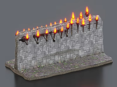 Medieval Style Stone Wall Decor With Burning Torches Arranged in a Row 3d model