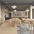Modern Hotpot Restaurant Interior With Open Kitchen Wooden Tables Chairs And Menu Posters