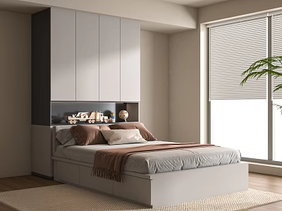 Modern Single Bed with Gray Mattress Wardrobe Shelf Blinds and Green Plant 3d model