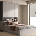 Modern Single Bed with Gray Mattress Wardrobe Shelf Blinds and Green Plant