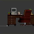 Wooden Office Desk With Vintage Computer Green Lamp Red Chair And Drawers