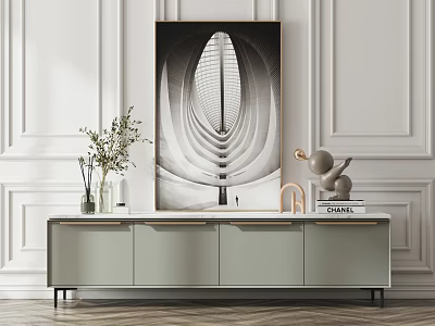 Light Gray TV Stand with Wooden Handles Decorative Vase Abstract Painting Sculpture and CHANEL Books 3d model