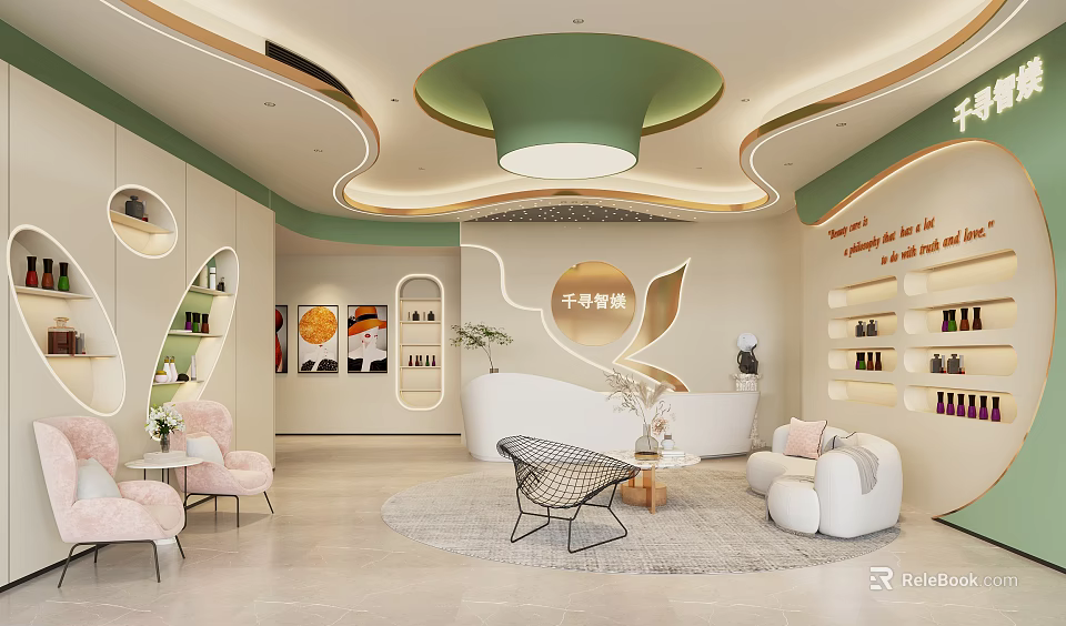 Elegant Beauty Hair Salon Interior With Green Ceiling White Pink Furniture And Decorative Plants 3d model 