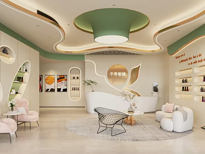 Elegant Beauty Hair Salon Interior With Green Ceiling White Pink Furniture And Decorative Plants 3d model