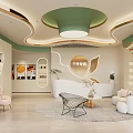 Elegant Beauty Hair Salon Interior With Green Ceiling White Pink Furniture And Decorative Plants