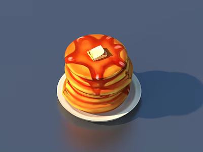 Delicious Stack of Pancakes Topped with Butter and Drizzled Syrup on Plate 3d model