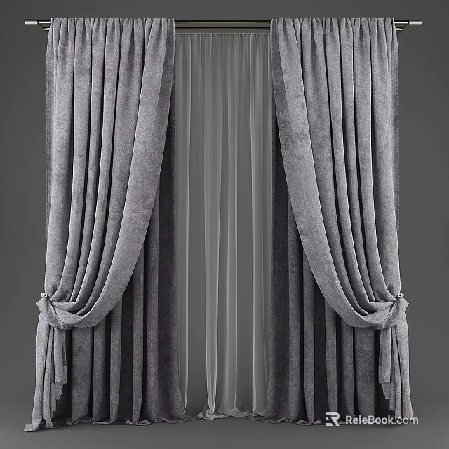 Elegant Gray Velvet Curtains With Pleated Design And Sheer Inner Layer 3d model