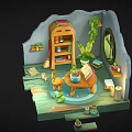 Cartoon Scene With Wooden Bookshelf Green Plants Round Window Small Table Broom Candles And Steps