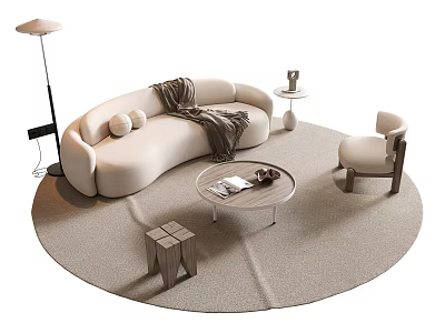 Beige Curved Sofa and Round Coffee Table Set with Throw Blanket Pillows and Side Table 3d model