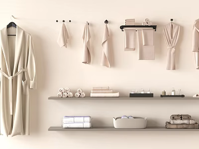 Premium Soft Bathroom Towels Hanging On Wall And Folded On Shelves With Bathrobes And Toiletries 3d model