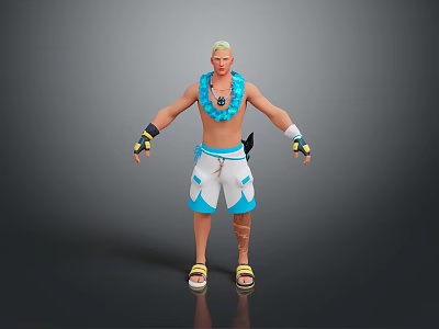 Shirtless 3D Character Model With Blonde Hair Blue Flower Lei Black Gloves And Yellow Sandals 3d model