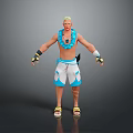 Shirtless 3D Character Model With Blonde Hair Blue Flower Lei Black Gloves And Yellow Sandals