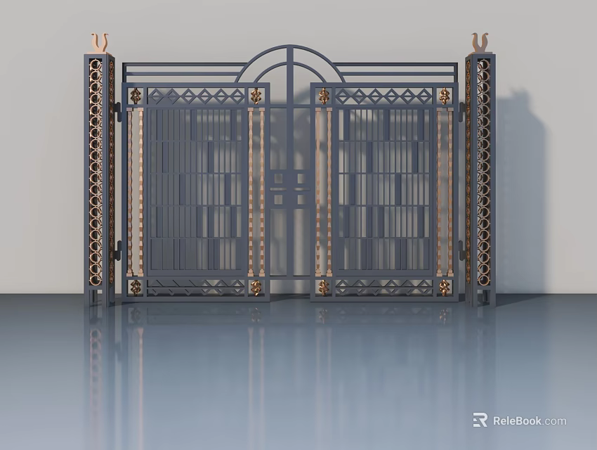 Ornate Metal Swing Door With Intricate Grill Design And Decorative Columns 3d model 