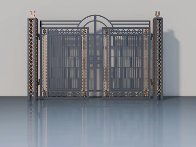 Ornate Metal Swing Door With Intricate Grill Design And Decorative Columns 3d model