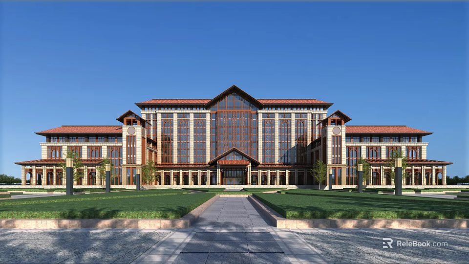 Symmetrical School Building Exterior With Reddish Brown Roof Large Glass Windows And Front Lawn Pathway 3d model 