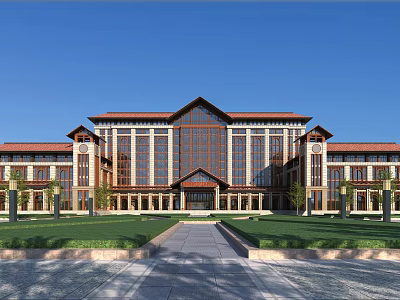 Symmetrical School Building Exterior With Reddish Brown Roof Large Glass Windows And Front Lawn Pathway 3d model