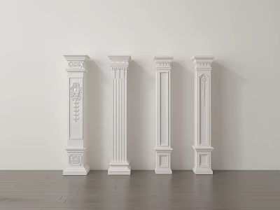 Four White Carved Ornamental Columns on Light Floor with White Wall Background 3d model