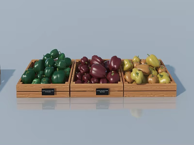 Wooden Display Shelves With Green Red Yellow Bell Peppers And Labels 3d model