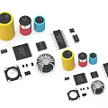 Assorted Hardware Tools Featuring Yellow Red Blue Capacitors Black Chips and Inductors 3d model