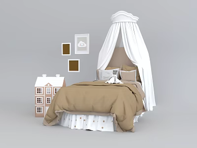 Children's Bed with White Canopy Brown Bedding and Small House Toy in Kids Room 3d model