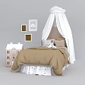 Children's Bed with White Canopy Brown Bedding and Small House Toy in Kids Room