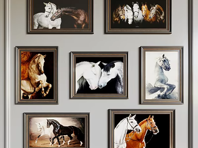 Collection of Framed Horse Paintings With Various Colors and Poses on Wall 3d model