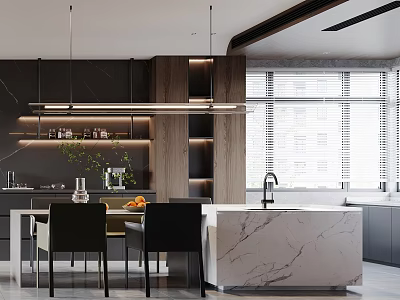 Modern Restaurant Interior With Dining Table Marble Countertop Pendant Lights Chairs And Windows 3d model
