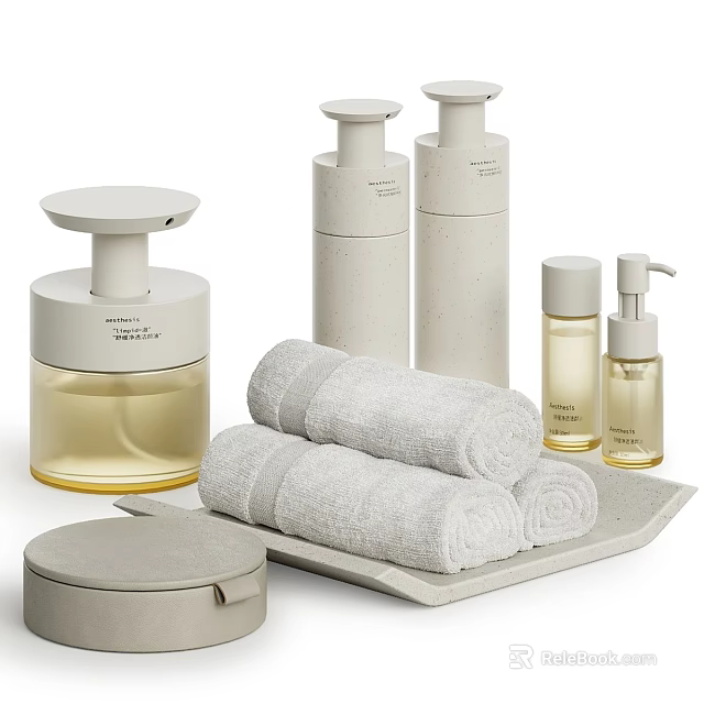 Daily Washing Essentials With Soap Dispensers Rolled Towels And Ceramic Tray 3d model 