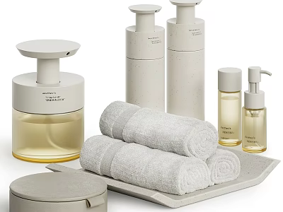 Daily Washing Essentials With Soap Dispensers Rolled Towels And Ceramic Tray 3d model